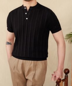 Men’s Cotton Knitted T-Shirt – Sunken Stripe Henry Collar Short Sleeve Casual