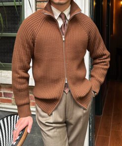 Men’s Retro Slim-Fit Cardigan Sweater with Stand-Up Collar